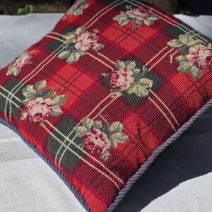 Chelsea Textiles 15" Down Throw Pillow Floral Plaid Tapestry Dark Red Green